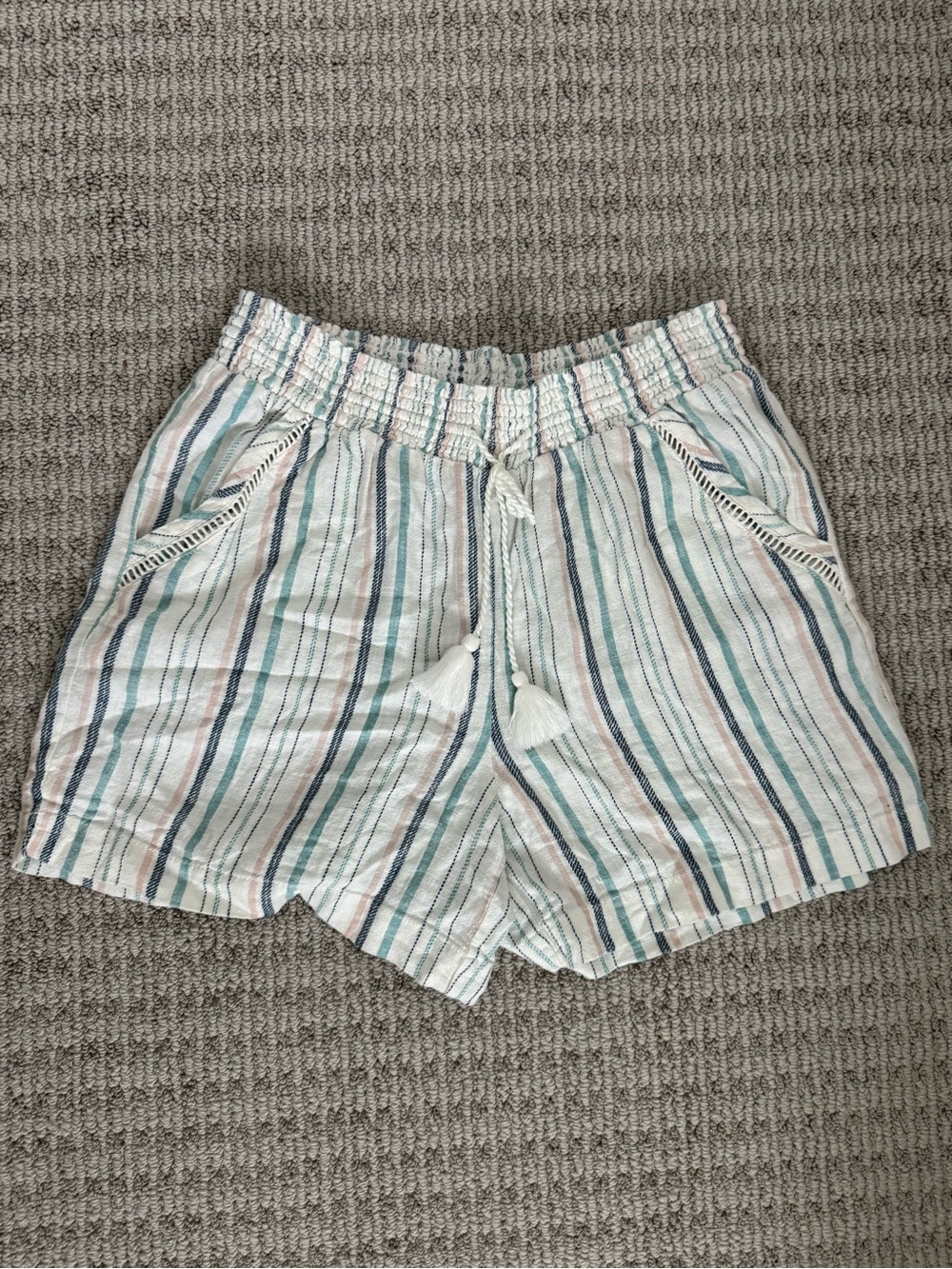 Briggs New York White Striped High Waist Linen Shorts with Tassel Drawstring